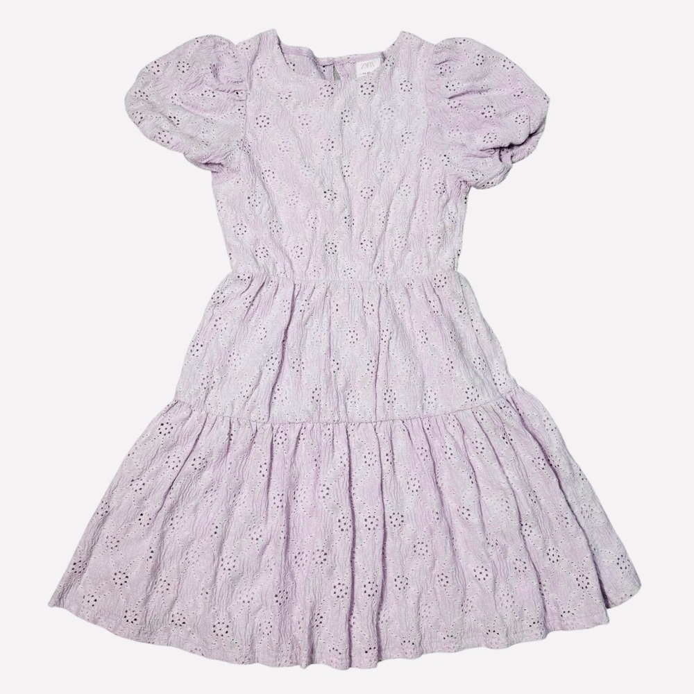 NWT New Zara Eyelet Lilac Tiered Short Puff Sleeve GIrl Dress Size 11/12